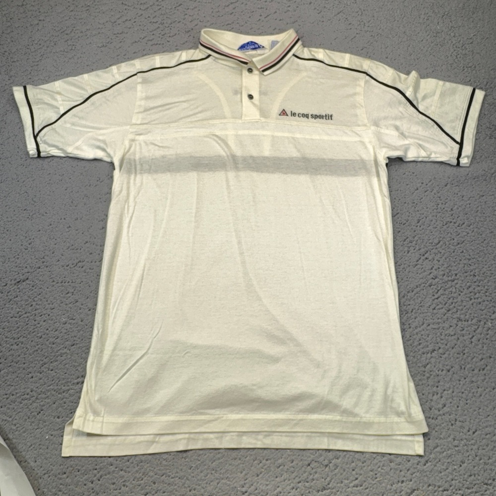 Vintage Le Coq Sportif Polo Shirt Mens Large Ivory Stripe Embroidered Logo 90s
